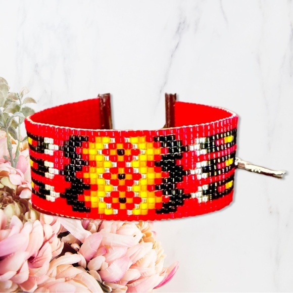 Hand Crafted Jewelry - Handcrafted loom adjustable beaded cuff panel bracelet Southwest Native American